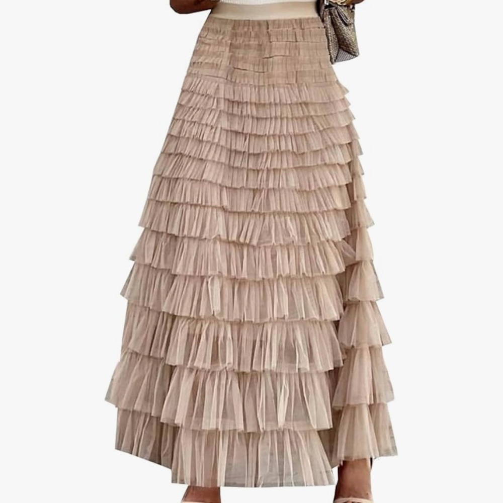 Amazon Tan Maxi Tiered Ruffled Skirt